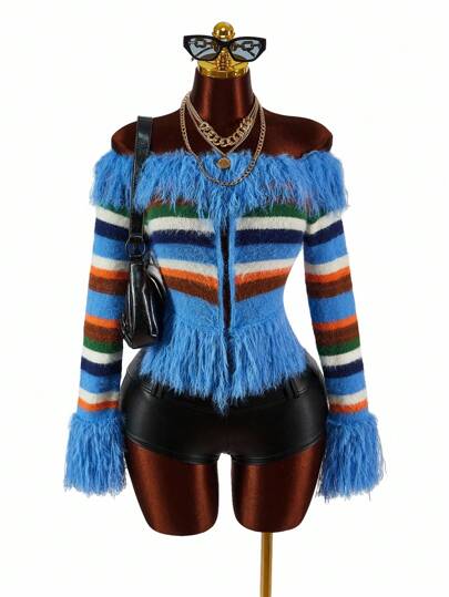 Amplova Cárdigan de un hombro con flecos de color contrastante y rayas de moda para mujer