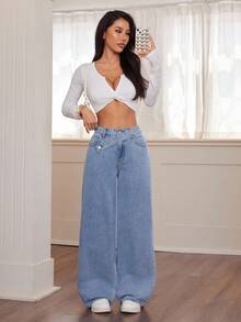 SHEIN PETITE Women's Fall Autumn Winter Halloween Christmas National Day Graduation Y2k Cute Streetwear Birthday Outfit Night Out Going Out Club Outfit Airport Outfit Business Casual Woman Country Vintage Modest Old Money Business Casual Woman Work Clothes Asymmetric Waist Pocket Wide Leg Loose Casual Blue Jeans