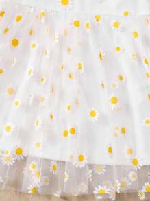 SHEIN Vestido De Malla Con Contrastes De Manga De Mariposa E Impresión Floral Para Bebé Niña - Blanco - Ver 3