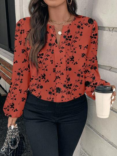 Reflora Plus Size Floral Print Long Sleeve Casual Shirt, Suitable For Autumn Chic Blouses For Women,Fall Clothes For Women