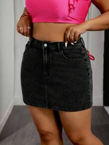 Slaydiva Plus Size Simple Red Bow Decor Pocket Denim Skirt - Black - View 5