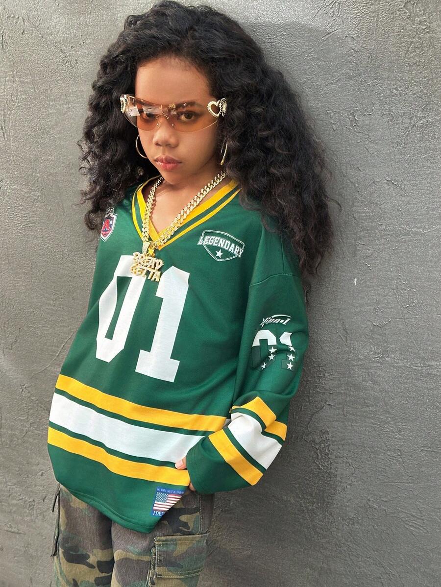 Coolane Kids 青少年女孩休闲运动装数字图案大码长袖平纹T恤 - 綠色 - 查看 1