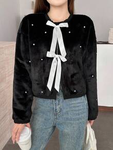 SHEIN 少女秋冬优雅黑色蓬松饰边夹克 - 黑色 - 查看 4