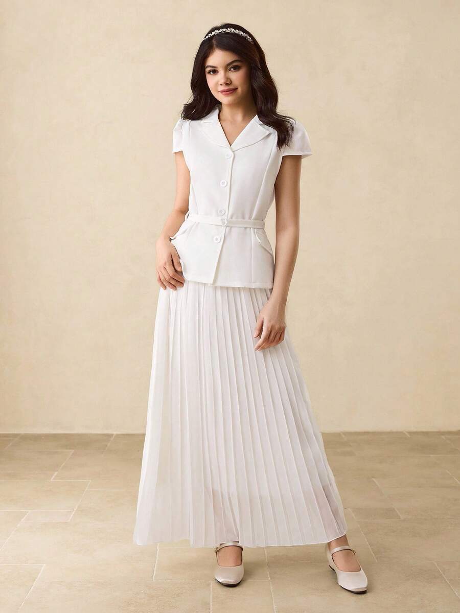 Elegant & Graceful White Short Lapel Button Chiffon Skirt Suit Set For Teen Girls - White - View 1