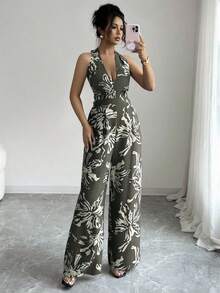 Breezaya 新款优雅高端连体裤，荷叶袖，黑色 - 軍綠色 - 查看 4