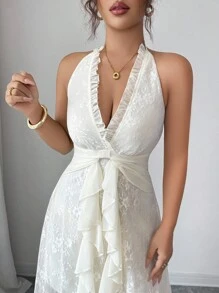 Elenzga Sleeveless V-Neck Lace Ruffle Hem Elegant Romantic Wedding Guest Dress For Women, White Dress