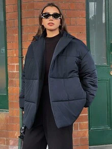 DAZY 女士纯色系带加厚保暖外套，秋冬女式大衣 - 藏蓝色 - 查看 10