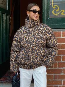 DAZY Leopard Print Padded Coat, Warm & Thick For Women, Autumn/Winter Jacket - Khaki - View 7