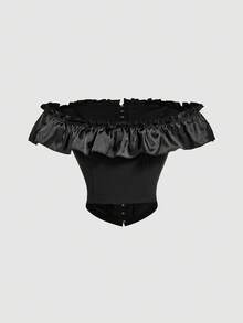 SHEIN MOD 女士优雅露肩荷叶边上衣和半身裙两件套 - 黑色 - View 6