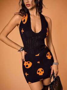 Shutterstock Y2Kool Women's Skeleton Cross Halloween Slip Dress Sexy Knit Sweater Dress, Suitable For Party, Nightclub, Street Style Y2K In Autumn/Winter Halloween Dress Skull Dress Witchy Dress Skull Print Dress Club Dress Casual Stylish Clothing Collection New Year Outfits - Black - View 6