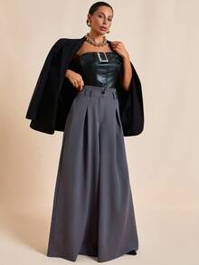 SHEIN PETITE Women's Dark Grey High-Waisted Wide Leg Pants With Wide Waistband - Dark Grey - View 4