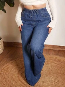 Lupita Cardoza 女牛仔裤休闲高腰阔腿裤蓝色女牛仔裤女夏装松紧腰牛仔裤牛仔裤休闲宽松直筒裤 - 深色水洗藍 - 查看 1