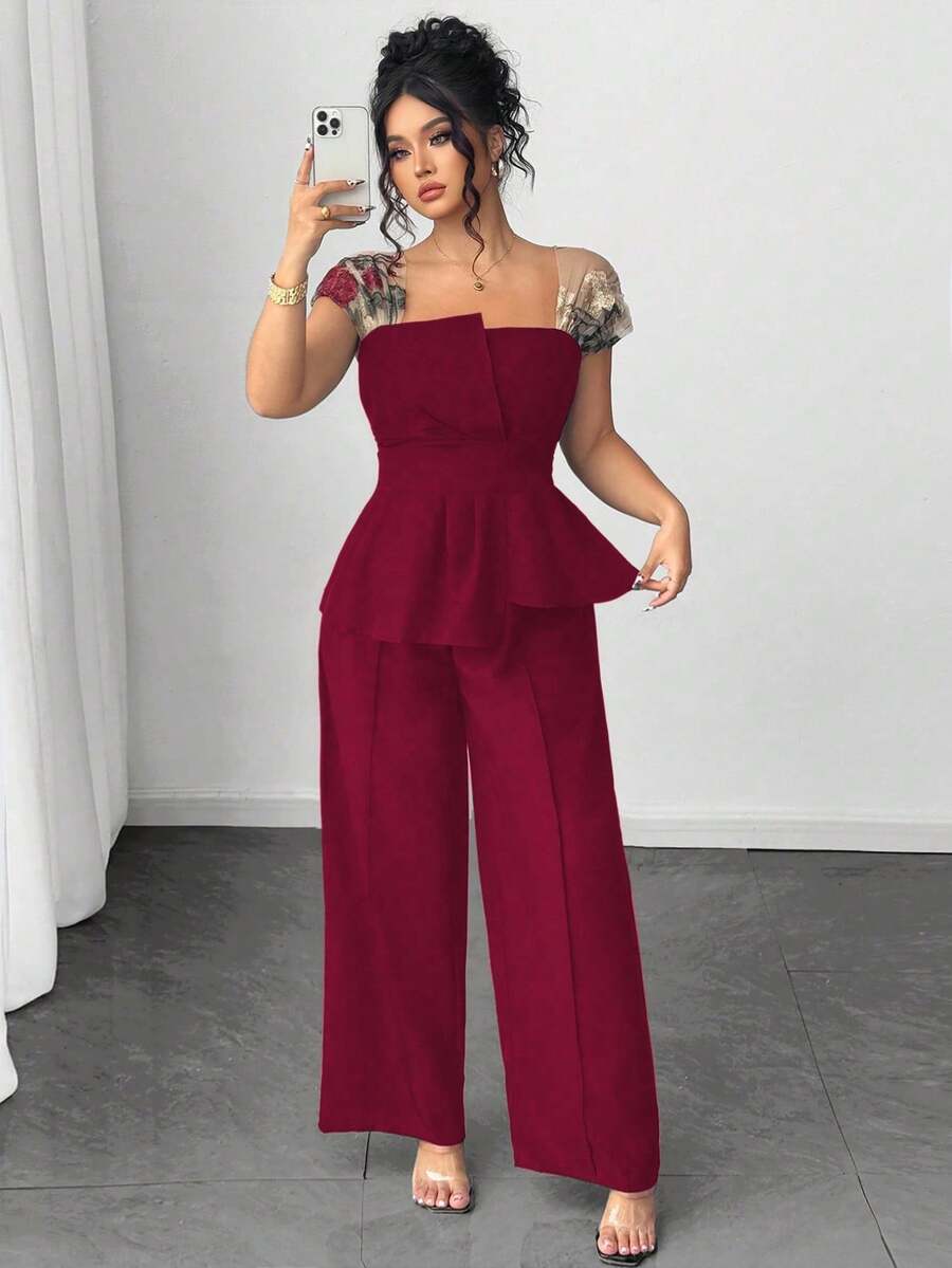 Elenzga Plus Size Women's Asymmetric Patchwork Embroidery Mesh Shirt And Wide Leg Pants 2 Pieces Set - Burgundy - View 1