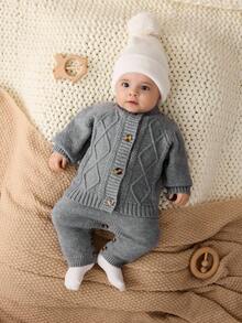 Cozy Pixies Newborn Baby Boy/Girl 2pcs Set: Twist Cable Pattern Crew Neck Long Sleeve Sweater & Bib Overalls Baby Boy Knitted Set Baby Sweater Romper Warm Baby Clothes Knitted Baby Jumpsuit Baby Boy Winter Clothes Fall