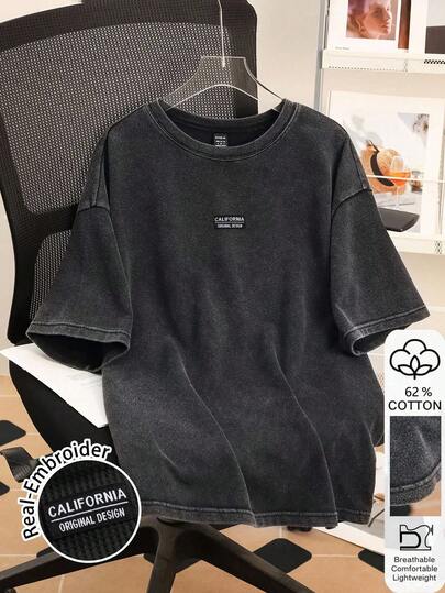 Attitoon Camiseta oversize de punto negro para mujer con bordado vintage de California con efecto lavado ácido