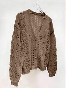 EMERY ROSE 女士纯色镂空V领休闲针织开衫 - 駝色 - 查看 4