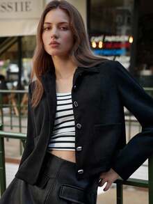 Maija Áo khoác lửng màu trơn thường ngày dành cho nữ - màu đen - Xem 2