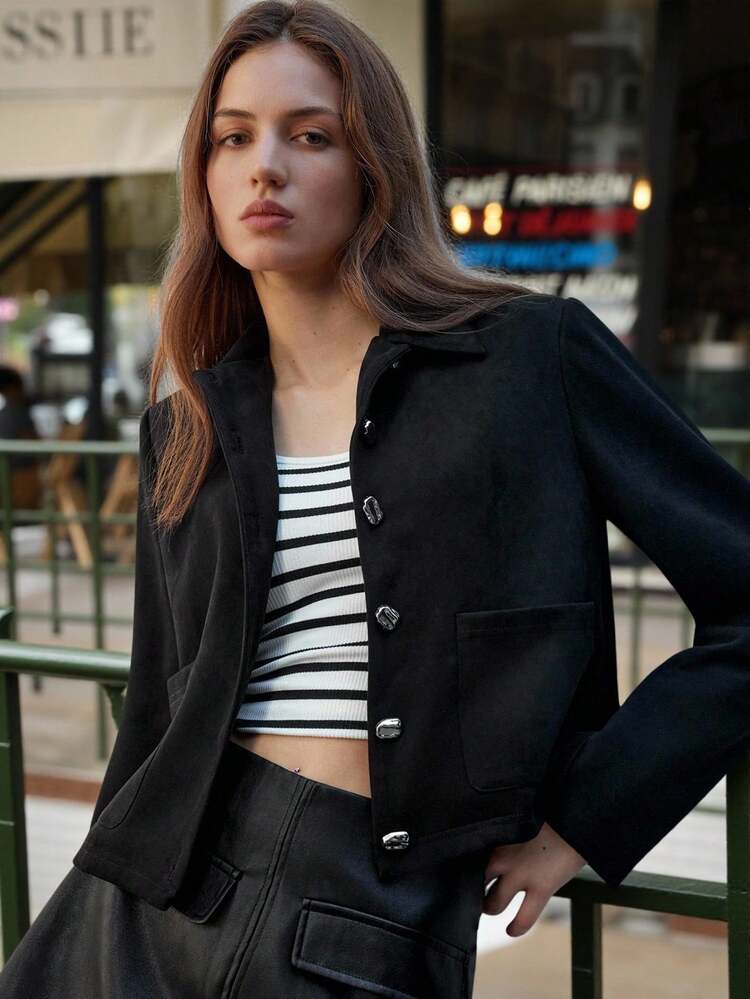 SHEIN Maija Women's Casual Solid Color Cropped Jacket,, Fall Clothes For Women,Halloween Costumes