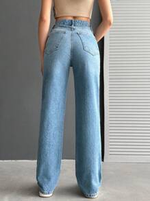 EURMUSE 100%Cotton High Waist Straight Leg Jeans - Blue - View 2
