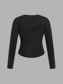 SHEIN EZwear 3件套女士加大码休闲纯色及豹纹圆领褶皱长袖T恤，适合秋冬季节，女士秋季服装3件装上衣紧身露脐长袖露脐豹纹上衣 - 彩色 - 查看 4