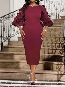 Fleurora Váy cưới tay bồng cỡ lớn cho nữ mùa xuân và mùa hè, thường ngày, thanh lịch, màu đỏ claret, cổ tròn, dệt kim, họa tiết hoa ba chiều, vải lưới nối, váy cưới 2025 mới, váy ren dài ôm vừa vặn, tay ngắn thanh lịch cho nữ, váy trang trọng cho nữ, váy dạ hội, trang phục dự tiệc, váy phù dâu, váy ren đen, váy cocktail midi bốn mùa, váy midi thanh lịch, váy tay bồng, váy dài thanh lịch, váy midi có tay, váy cho dịp đặc biệt, váy có tay trong suốt, váy tay bồng - Màu Đỏ Sâu - Xem 3