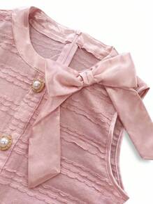 Elenzga Vestido mini ajustado con elástico en el frente y la espalda, de satén francés elegante, con botones de perla metálica y lazo de tela de punto, para primavera, verano y principios de otoño - Rosa - Ver 6