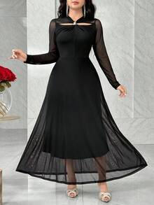 Modelyn 女士优雅纯色镂空长裙，适合派对 - 黑色 - 查看 4