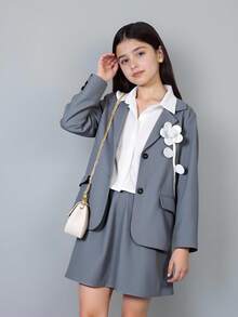 Ontre 2pcs Tween Girl Floral Decor Blazer Jacket And Skirt Set - Light Grey - View 1