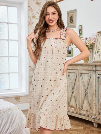 CottageSlumber Women's Summer Plaid & Cherry Print Ruffle Strap Romantic Nightgown Women Pajama Dress Sleepwear Dress Cherry Print Nightgown Gingham Nightgown Summer Nightgown