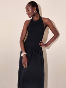 CAJUNI Women's Boho Colorful Print Vacation Casual Beach Elastic Waist Long Dress With Ruffled Hem And Hollow-Out Pattern