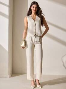CLARA VERO Bộ vest không tay thiết kế vừa vặn, năng động, sang trọng, hoàn hảo cho phong cách công sở và sau giờ làm việc - Màu be - Xem 5