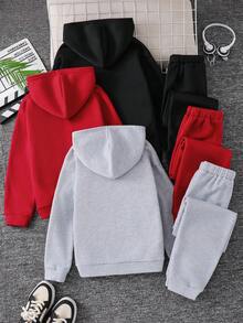 SHEIN 6 件套青少年男童休闲运动连帽衫和运动裤套装，百搭百搭服装，适合秋冬季、休闲、运动、户外、学校 - 彩色 - 查看 2