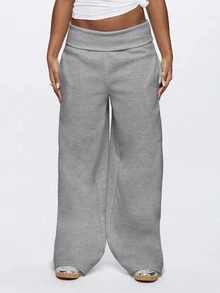 SUMWON WOMEN 宽腿休闲裤，带翻折腰带，柔软舒适，休闲日常穿着，秋冬服装 - 深灰色 - 查看 1