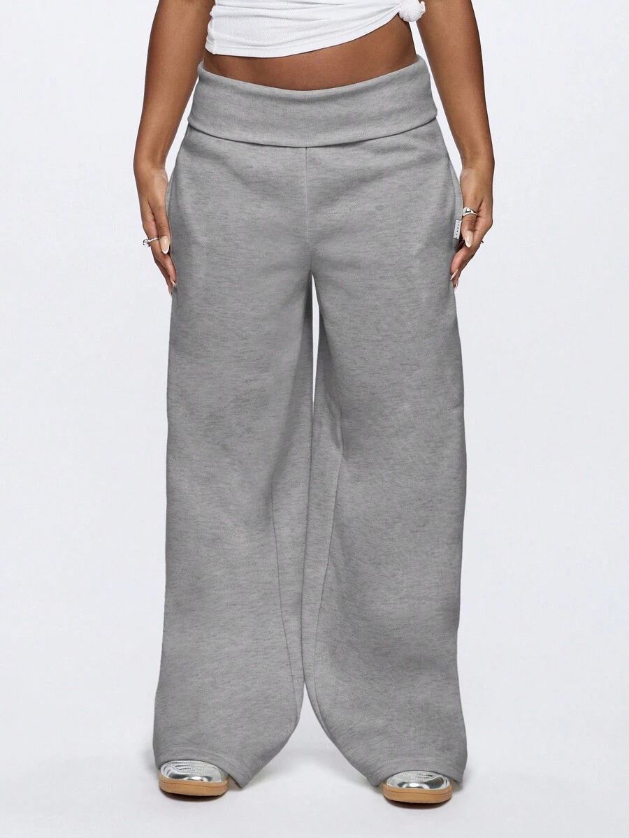SUMWON WOMEN 宽腿休闲裤，带翻折腰带，柔软舒适，休闲日常穿着，秋冬服装 - 深灰色 - 查看 1