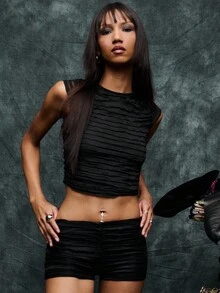 TypaGal This Black Textured Two Pieces Set Is A Bold Pick For Fall Clothes For Women With An Alternative Edge. The Fitted Crop Top And Shorts Combo Is Perfect For Winter Outfits For Women Styled Under Coats Or Cardigans, Or For The Gym As A Workout Set. Pair With Wide Leg Pants Or Layer For A Goth-Inspired Halloween Clothes Women Look. Ideal For Autumn Clothes Or Women's Fall Clothes Collections Seeking Unique Details. - Black - View 1