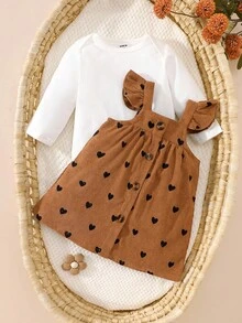 SHEIN Set di 2 pezzi per neonata - Gonna a bretelle con motivo a cuori color cachi + body tinta unita, primavera/autunno - Cachi - Visualizzare 7