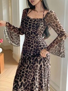 DAZY 优雅豹纹单肩喇叭袖连衣裙，女士秋季连衣裙 - 咖啡棕 - 查看 5