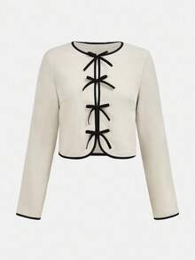 Girlism 少女拼色蝴蝶结长袖夹克和宽松裤子套装情人节清纯女孩可爱装 - 卡其色 - 查看 6