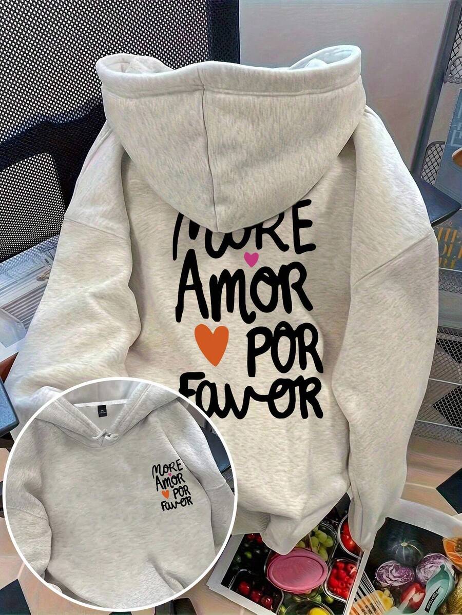 Flirla 大码女款“more Amor Por Favor”字母印花热销抽绳卫衣秋冬装 - 淺灰色 - 查看 1