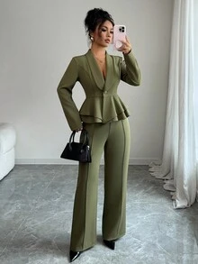 Elenzga Áo khoác Blazer tay dài cổ bẻ thanh lịch cổ điển dành cho nữ, bộ 2 món công sở lãng mạn, xuân/thu - xanh quân đội - Xem 3