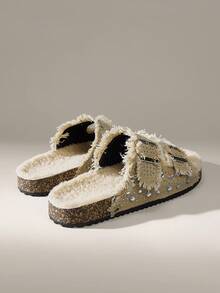 Solecia 女士圆头布洛克鞋，带流苏和满钻，双扣带平底舒适鞋，适合日常、派对、通勤、时尚百搭 - 卡其色 - 查看 3