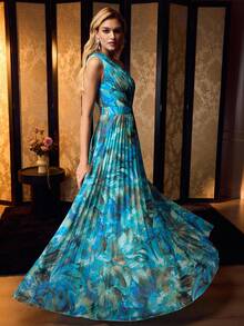 MOTF Soiréza VESTIDO DE NOCHE DE UNA SOLA MANGA SIN MANGAS DE LARGO HASTA EL SUELO CON PATRONES ABSTRACTOS ALEATORIOS VIBRANTES Y TELA PLISADA, SILUETA ENTALLADA PARA EVENTOS FORMALES Y BODAS DE PRIMAVERA/VERANO - Azul - Ver 2