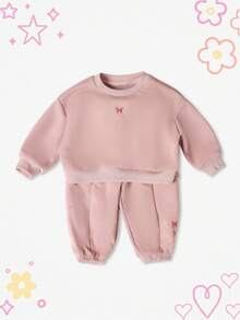 SUMWON Bộ đồ nỉ và quần chạy bộ thêu hình bướm cho bé gái, bộ đồ nỉ mùa đông cho bé mặc mùa thu, cổ tay và mắt cá chân có gân - Hồng - Xem 1