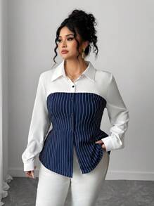 Elenzga 大码优雅办公室/通勤单排扣条纹衬衫 大码纽扣衬衫 红色女式衬衫 大码红色衬衫 大码红色女式衬衫 女士大码工作经典衬衫 - 藍白色 - 查看 4