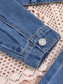 Conjunto Denim de 2 Peças para Meninas Pré-Adolescentes, Estilo Y2K, Design de Bolso em Formato de Coração, Confortável Casual, Moda Streetwear, Jaqueta de Manga Longa em Denim Lavado Suave e Calça Reta, Adequado para Primavera/Outono - Lavagem Média - Visão 4