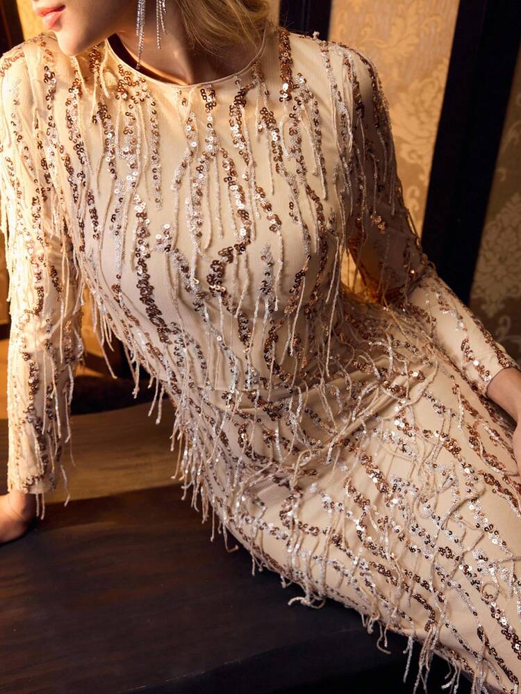 MOTF Soiréza WOMEN'S ROUND NECK LONG SLEEVE FLOOR-LENGTH EVENING PARTY GOWN WITH UNIQUE FRINGE SEQUIN FABRIC FITTED SILHOUETTE, REAR SLIT DESIGN FOR WEDDINGS, PARTIES & ELEGANT EVENING EVENTS