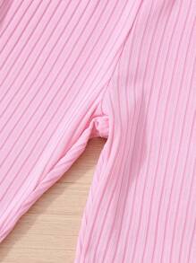 2pcs Young Girl' Plain Ribbed Crew Neck Pearl Short Sleeve Top And Flared Pants Set, Casual Summer Outfit Summer Holiday