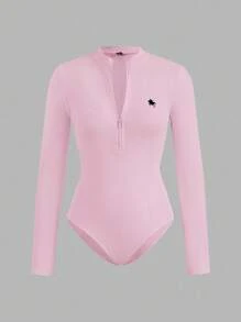 SHEIN EZwear Bộ đồ liền thân cổ cao có khóa kéo họa tiết ngựa con dành cho nữ, áo liền thân dài tay thường ngày, thu/đông - Nhiều màu - Xem 7
