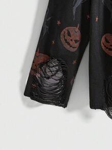ROMWE Gothic Pumpkin & Ghost Ripped Knit Pullover Knit Top, Halloween - Black - View 4