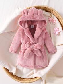Baby Girls' Hooded Bathrobe With 3d Ear Design And Waist Belt Included